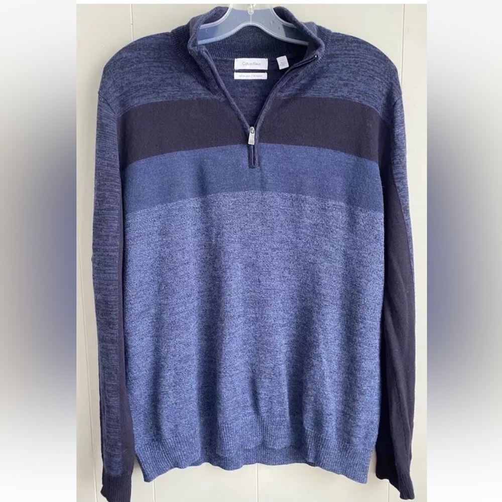 Calvin Klein Italian Yarn Marino Wool Blue Stripe Men's Large Half-Zip Sweater